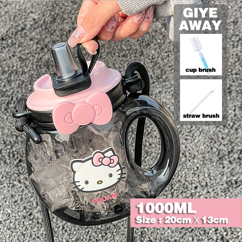 

1000ML With Handle Water Bottle MINISO Hello Kitty Gym Large Capacity Straw Water Cup Kuromi My Melody Cartoon Children Cup Gift