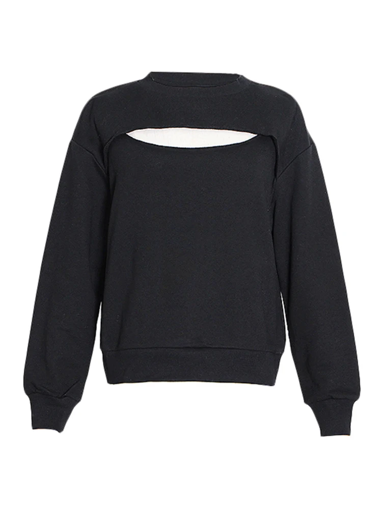 VGH Casual Loose Pullover Sweatshirts For Women Round Neck Long Sleeve Hollow Out Sexy Soild Sweatshirt Female Fashion Clothing