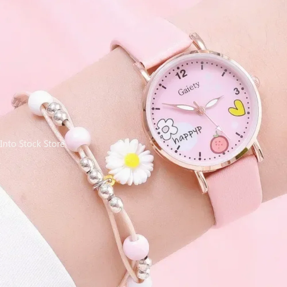 Reloj de pulsera con patrón de dibujos animados para niños, conjunto de reloj de cuarzo para niñas, relojes para estudiantes, moda femenina, Rosa