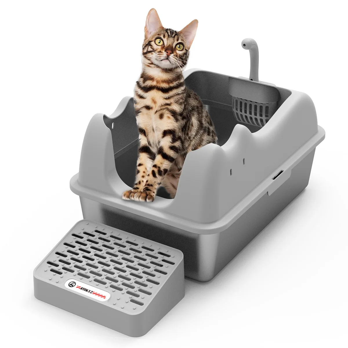 

Large High-Sided Stainless Steel Cat Litter Box with Easy Cleaning Scoop Anti-Leakage Sticky Footboard Enclosed Design