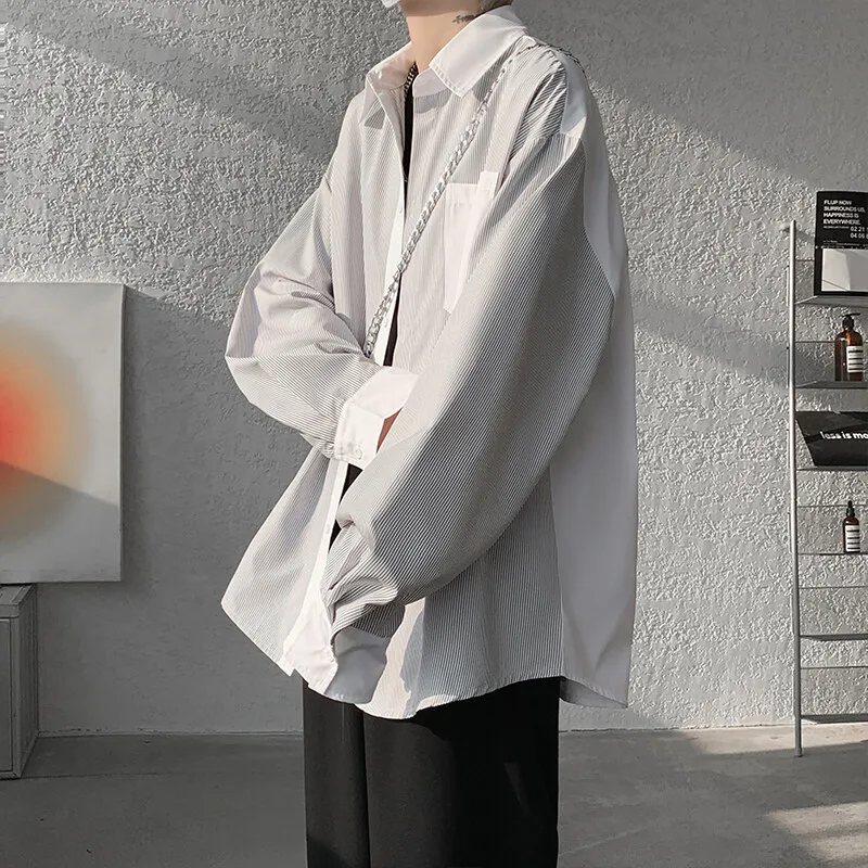 

M-XXXXXL Striped Color-Block Oversized Shirt - Trendy Loose Fit Unisex Casual Top for Men & Women, Versatile Streetwear Style