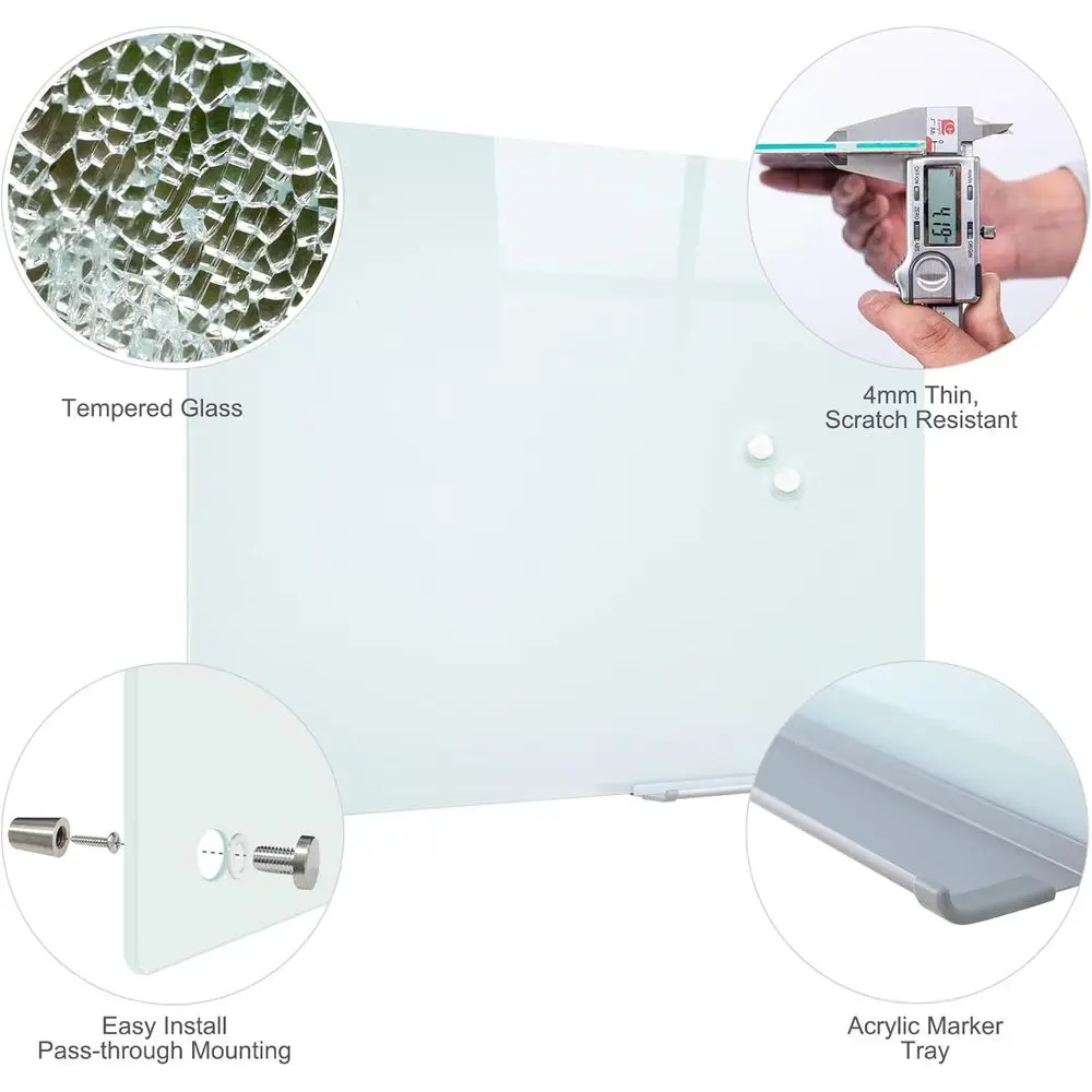 سبورة بيضاء زجاجية مغناطيسية بدون إطار مقاس 48 × 36 بوصة - لوحة مسح جافة مثبتة على الحائط لاجتماعات المكتب والمدرسة