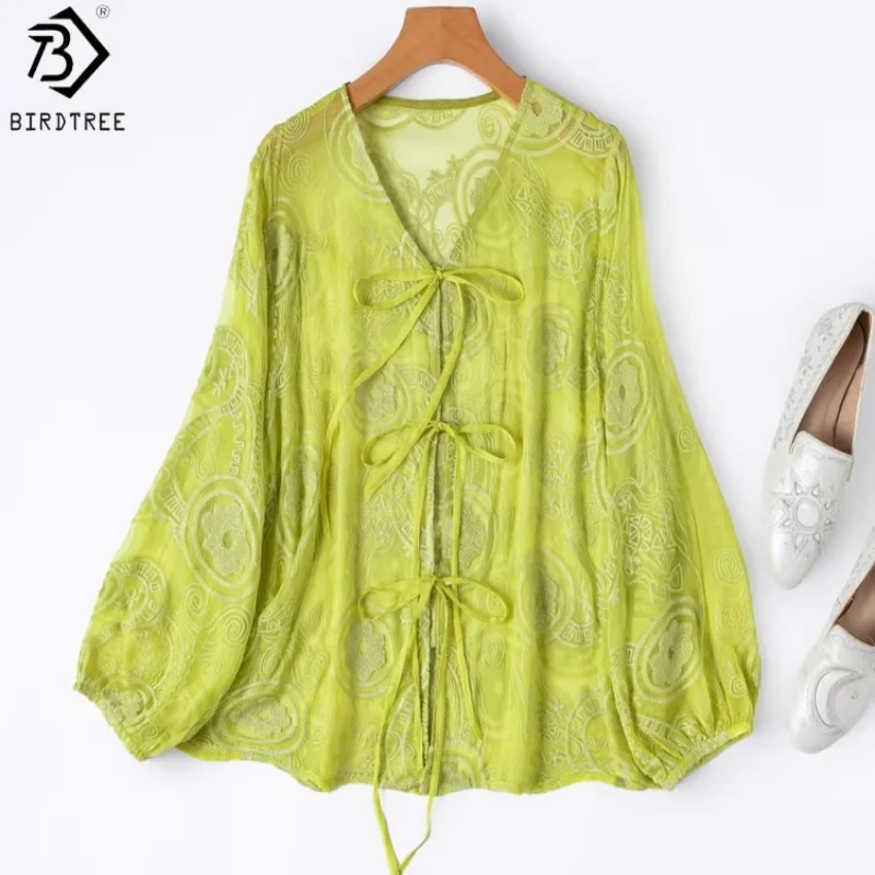 

Birdtree, 100% Silk Sheer Blouse, Lantern Sleeve Tops, Women's Embroidery Georgette Sun Protection Cardigan, 2026 New T63027JF