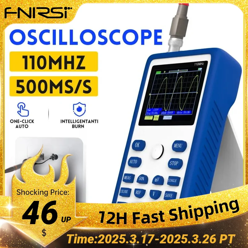 FNIRSI 1C15 Professional Digital Oscilloscope 110MHz Analog Bandwidth 500MS/s Sampling Rate Supports 1Khz Square Wave 400V