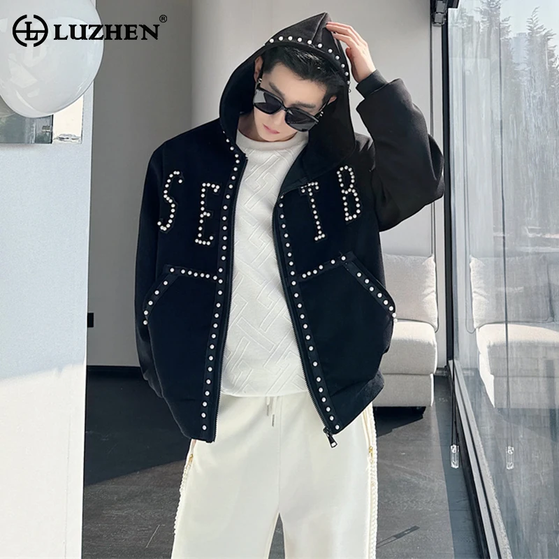 

LUZHEN 2024 New Fashion Pearl Decorate Splicing Letter Design Casual Jacket Men's High Street Trendy Hooded Coat Clothes LZ1016