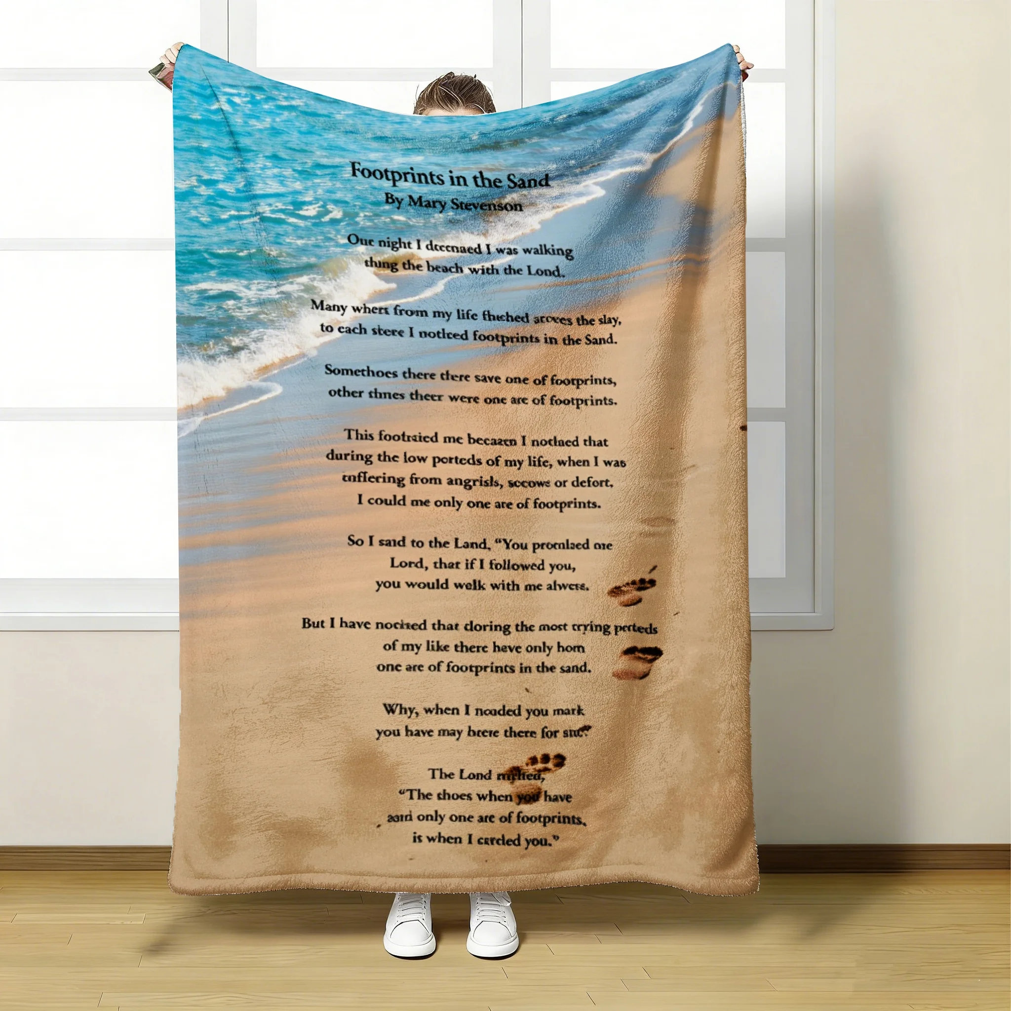 1 Stück Strand-Fußabdruck Romantische Gedicht-Decke, geeignet für Sofa, Bett, Camping, weicher Flanell, maschinenwaschbar, leichte, gemütliche Outdoor-Decke für Besitzer, 280GSM