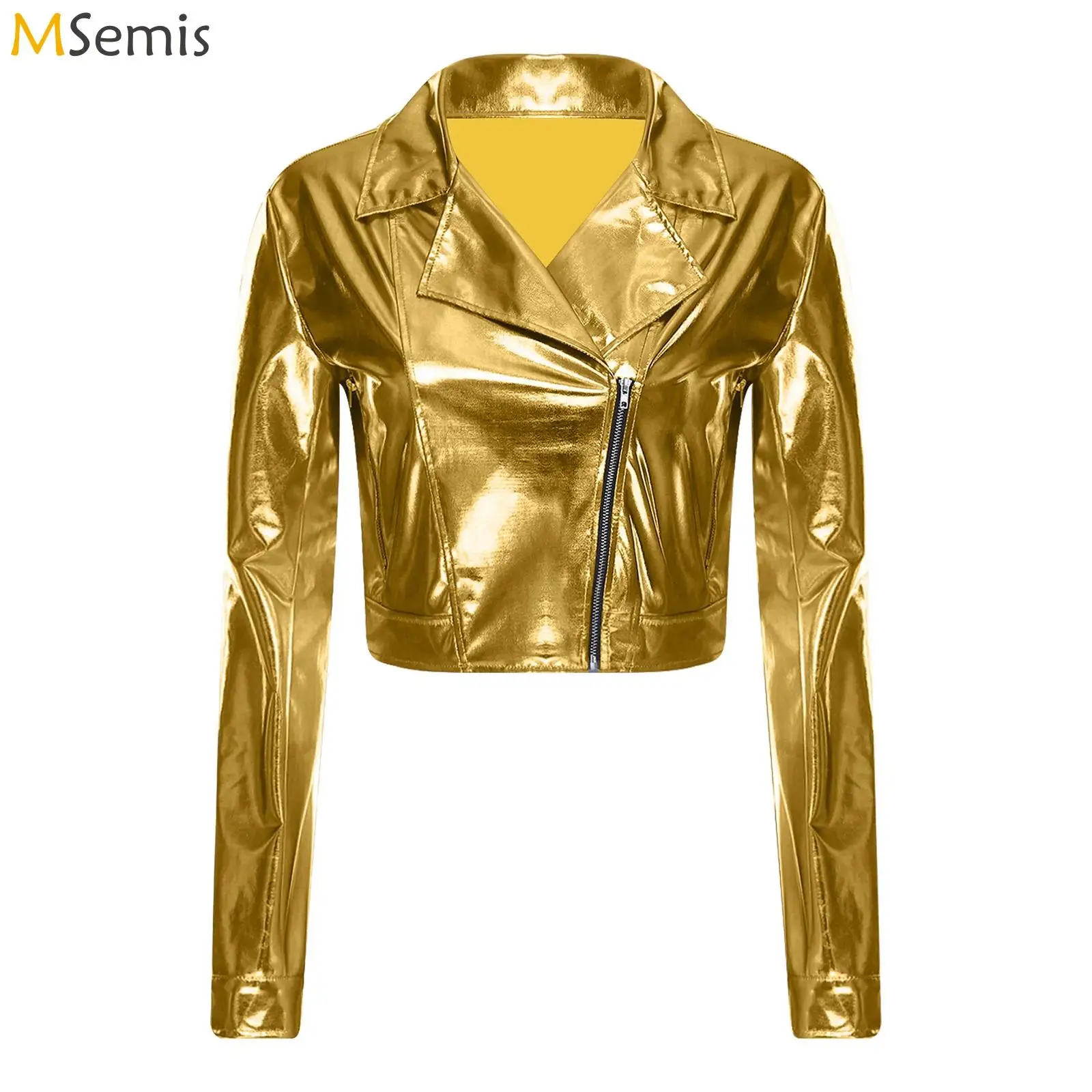 Womens Metallic Shiny Cropped Jacket Notch Lapel Long Sleeve Side Zipper Crop Outerwear Biker Motor Jacket Club Party Costume