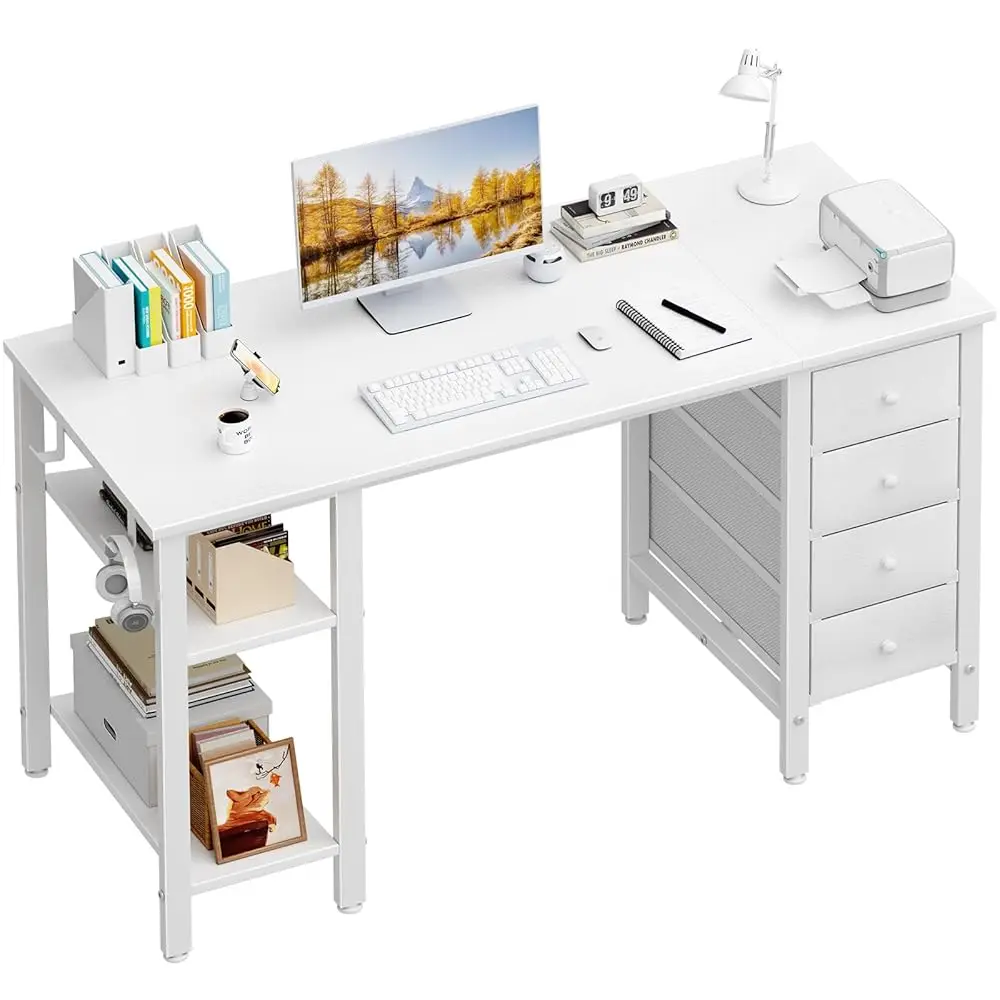 

White Desk With Drawers & Storage Shelves, 47 H Study Work Writing Desk For Home Office Bedroom, Cute Pc Computer Desks Table,