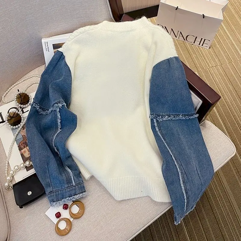 Spring Autumn Trendy Sweaters Women Fashion Denim Patchwork Knit Pullovers Niche Design Loose Sweater Y2k Tops Womens Clothes