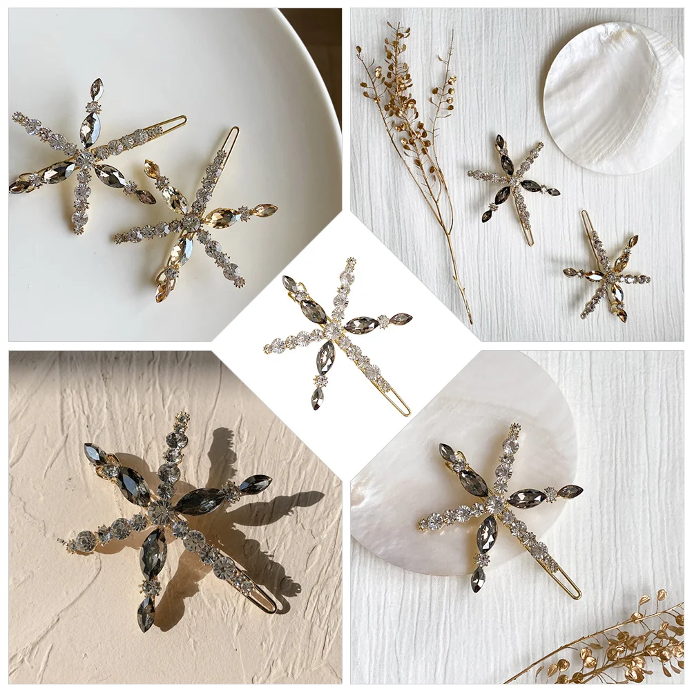 

2Pcs Crystal Snowflake Hairpins Exquisite Hair Clips Shiny Alloy Barrettes for Women Girls Party Wedding Decor