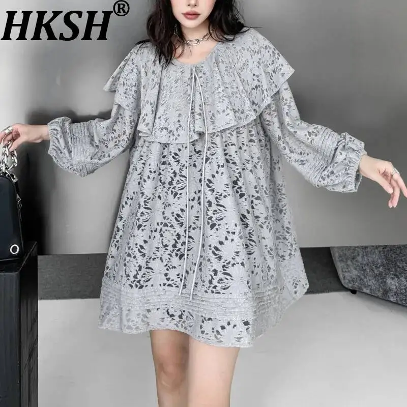 

HKSH Women Shirt Doll Collar Lantern Sleeves Hollow Out Lace Oversized Sunproof Blouse Sweet Casual Top Ins Dress Summer HK23000