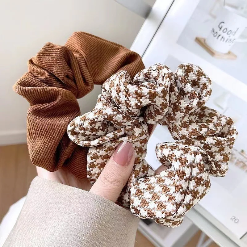 Korean Brown Color Scrunchies Lazy Style Houndstooth Simple Casual Large Hair Tie Rope Student Girls Solid Elastic Hair Bands