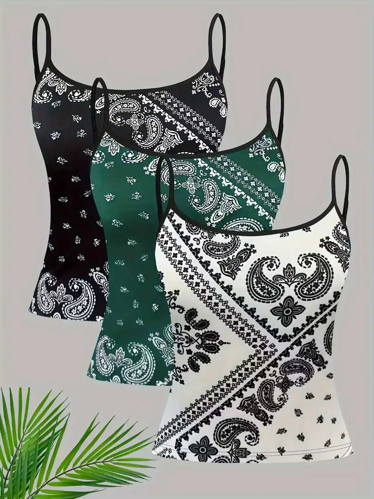Women Paisley Print Spaghetti Strap Cami Top 3 Pack Casual Sleeveless Form Fitting Tank Top Set