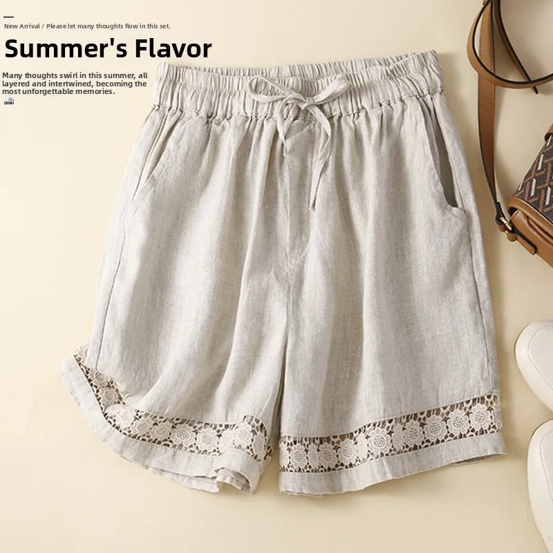 Plones cortos de lino y aodón de estilo Retro japonés para mujer, plones de pierna ancha con cintura elástica y enc...