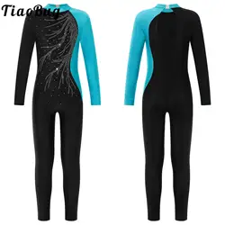 Kids Girls Long Sleeve Shiny Rhinestone Dance Gymnastics Leotards Bodysuit Stage Performance Dancewear