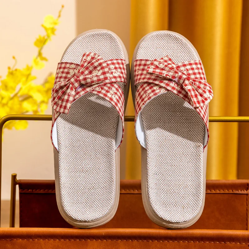 Spring And Summer Linen Home Interior Ladies Leisure Non-Slip Mute Thick Soft Bottom Plaid Fabric Fashion Slippers