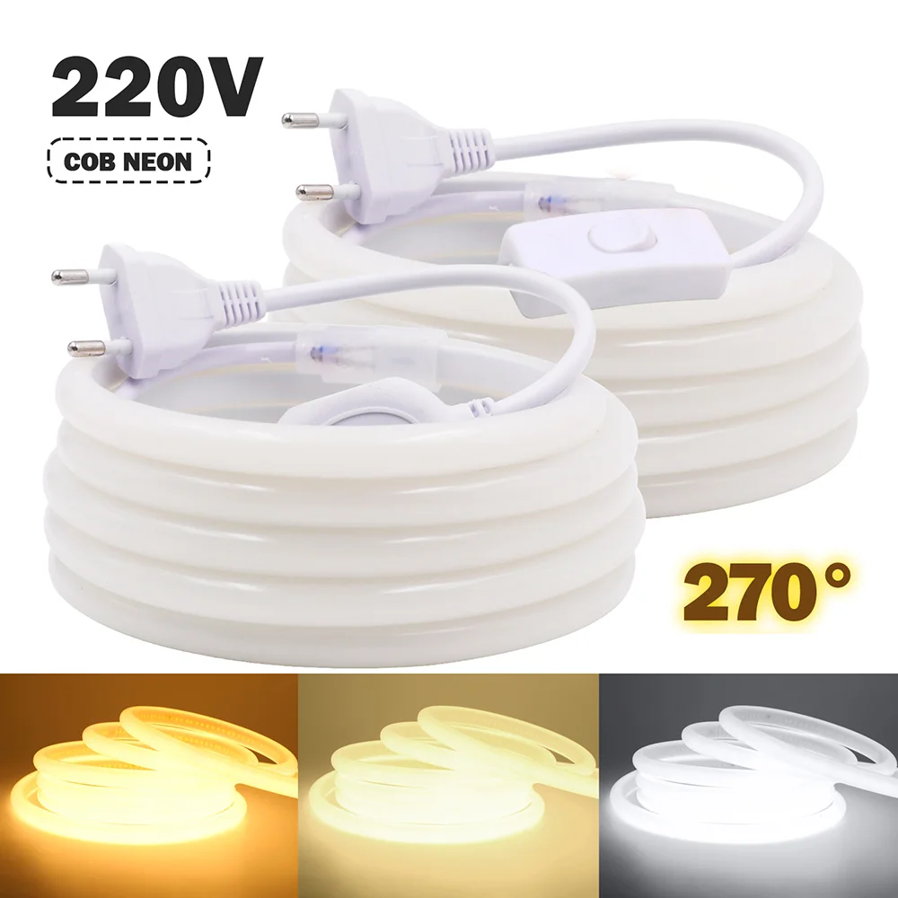 Tira de luces Led de neón COB redonda, interruptor de CA de 220V, Kit de alimentación de la UE, 3000K, 4000K, 6000K, lámpara de tubo Flexible impermeable, decoración del hogar, 270