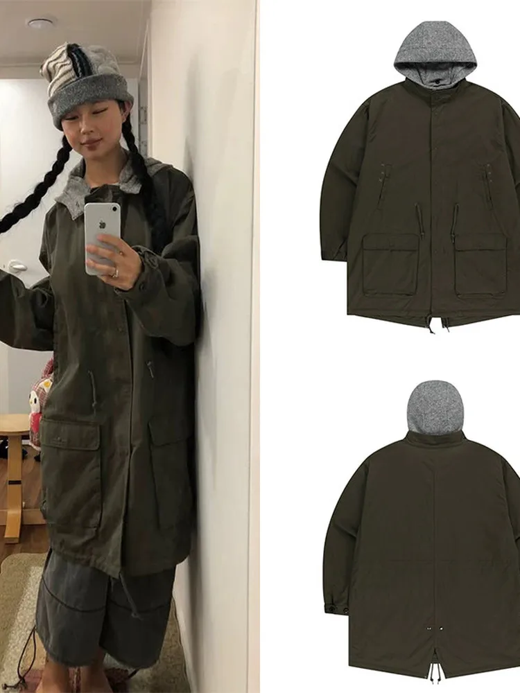 

Dongdaemun Detachable Hooded Women's Long Coat Vintage Workwear Sle Loose Fit Zipper Closure Color Commute Friendly