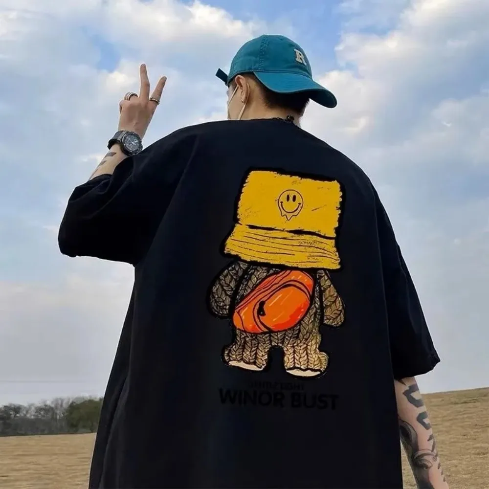 Hot selling men's Harajuku cartoon printed micro elastic breathable comfortable round neck T-shirt summer outdoor fashion top