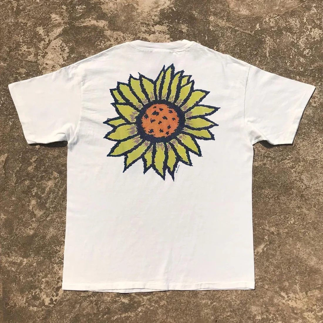 Hand-Drawn Sunflower Illustration Loose Fit Short Sleeve T-Shirt American Street Style Freshness  Brand Youth Fashion