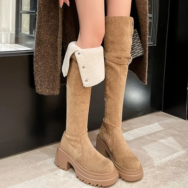 Rome Women's Boots Knee High Flock Fashionable High-quality Vintage Paired with Dress Knight Boot Square Heel Women Shoe Apricot