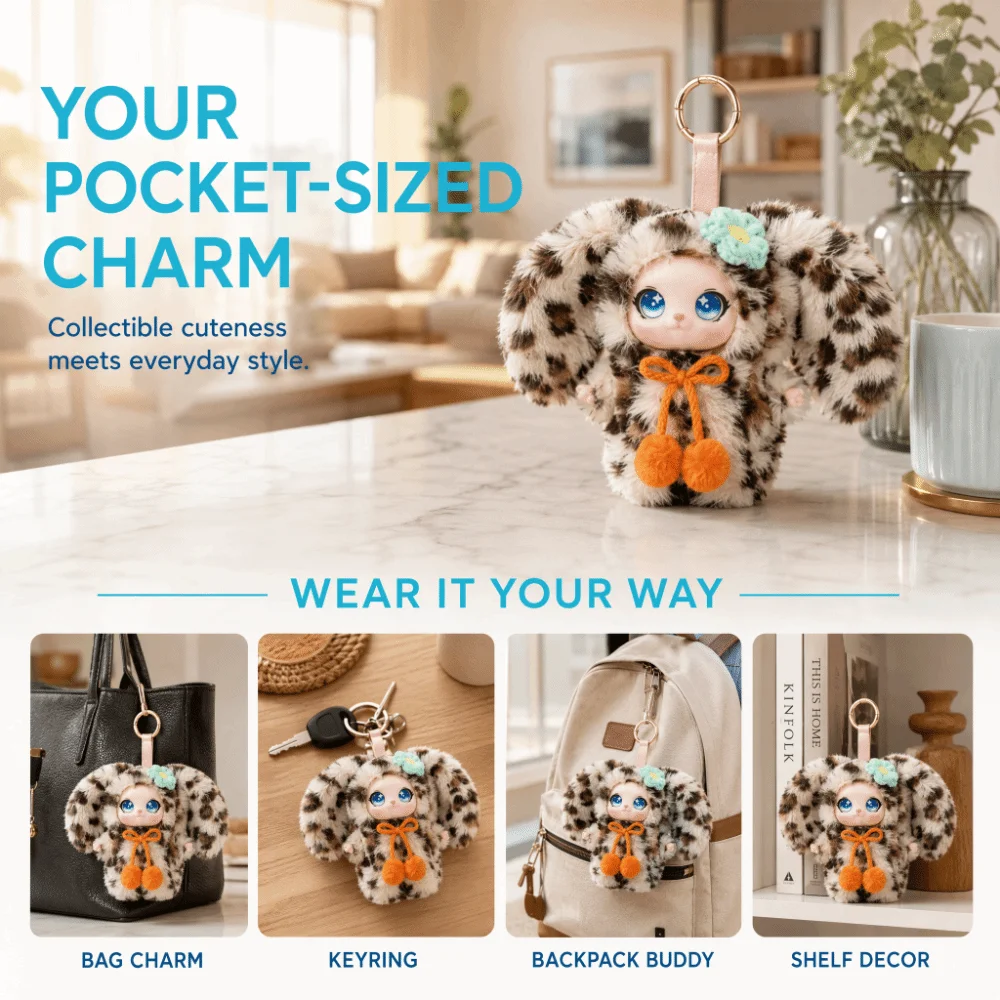 Cute Design Rabbit Ear Keychain Flower Decoration Vinyl Face Bunny Vinyl Keychain Material Rabbit Cat Jewelry Accessories