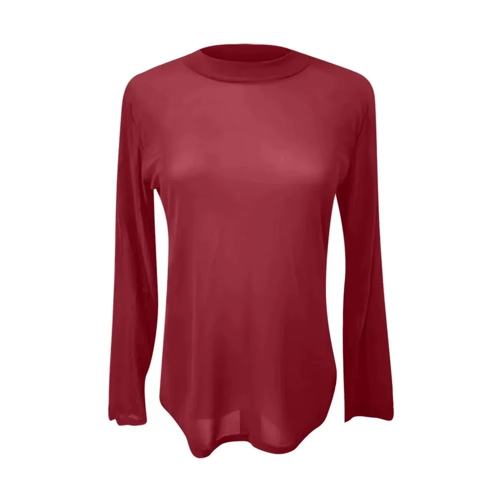 New Sexy Women Top Ultra-Thin Half-High Collar Long-Sleeved Tee Slim Fit Elastic Tight Mesh T Shirts Party Wear