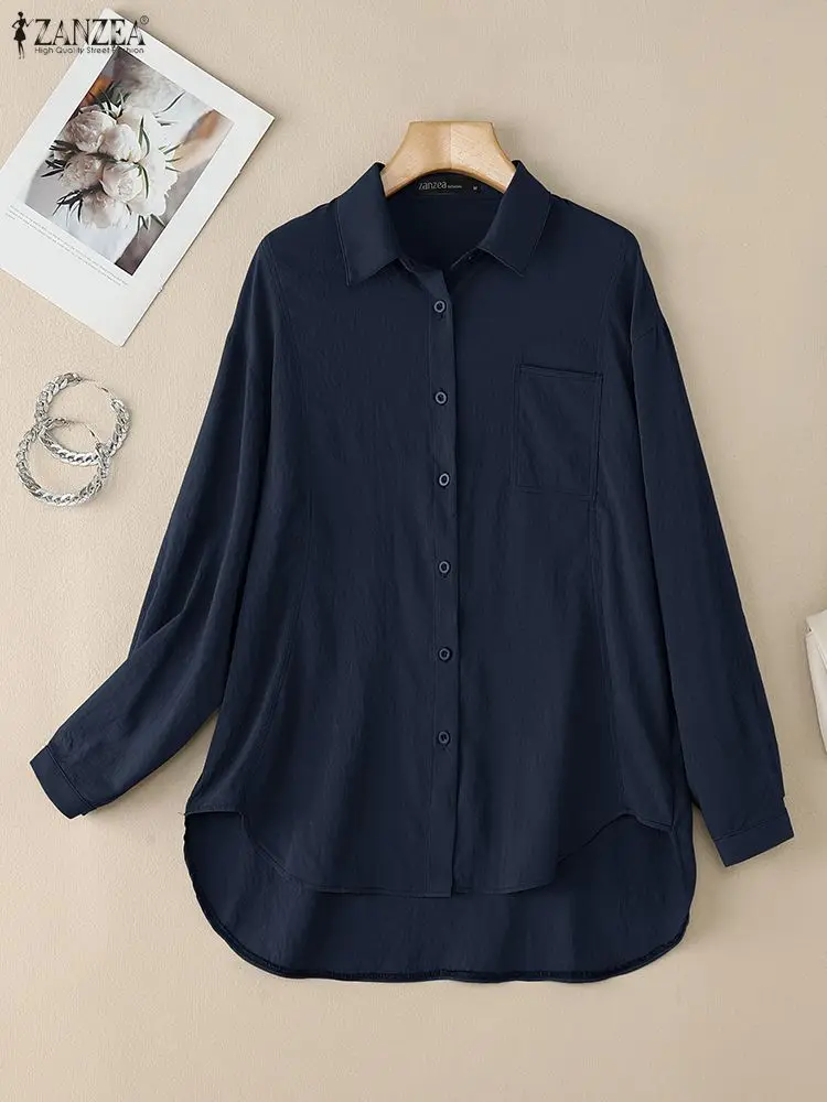 Camisas de mujer de gran tamaño, informal, elegante, de manga larga, con cuello abotonado, camisa de mujer con costura ZANZEA, Tops altos y bajos con dobladillo redondeado detallado