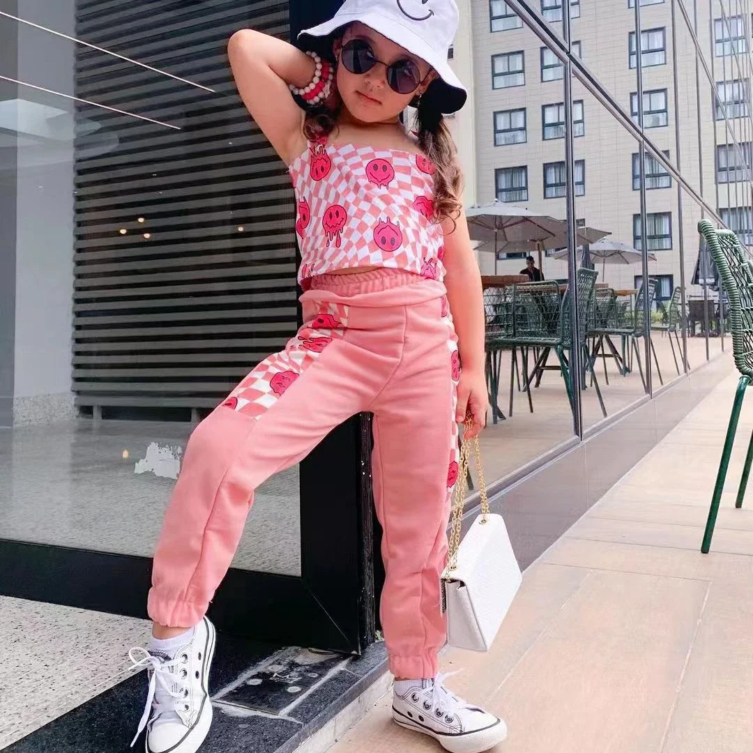 Summer New Girls Clothes Sets Sleeveless Cartoon Print Camisole Crop Tops + Patchwork Sports Pants Children's Casual Clothing