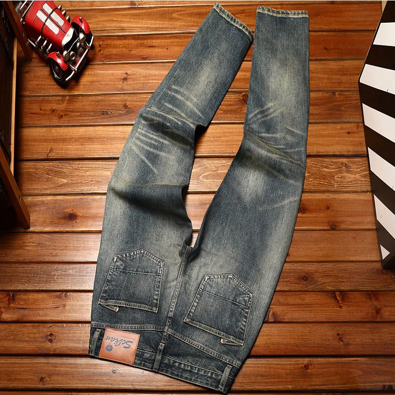 Jeans de mezclilla de oreja roja de alta calidad para hombres, pantalones largos casuales, clásicos, nostálgicos, delgados, rectos, de Color Retro, elásticos, jóvenes