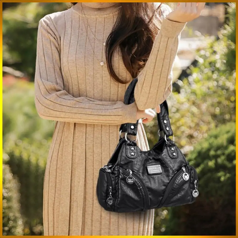 

Women Retro Rivet Shoulder Bag Multiple Pockets Metal Stud Handbag Detachable Strap Casual Underarm Bag Female Travel Handbag