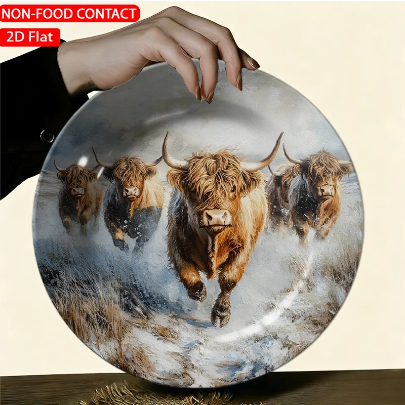 1pc Elegant Ceramic Decorative Plate- Highland Cattle Gallop in the Snow Theme Design Non-food Contact, Home Desk Ornaments,