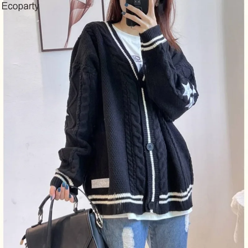 Maglione cardigan invernale con stampa lavorata a maglia Chic Vintage Star Preppy manica lunga autunno scollo a V maglioni monopetto retrò estetico