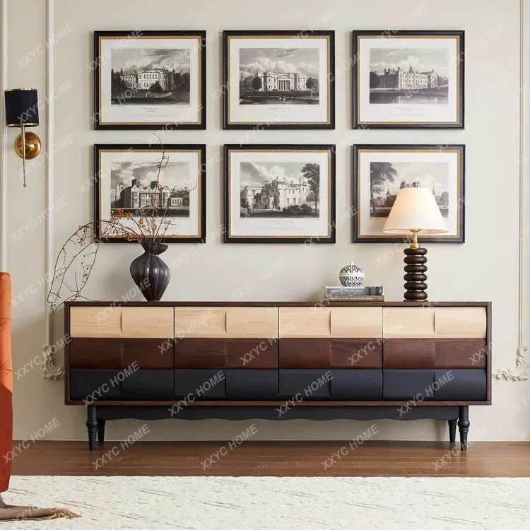 solid wood TV cabinet coffee table combination medieval living room creative color matching retro floor cabinet walnut