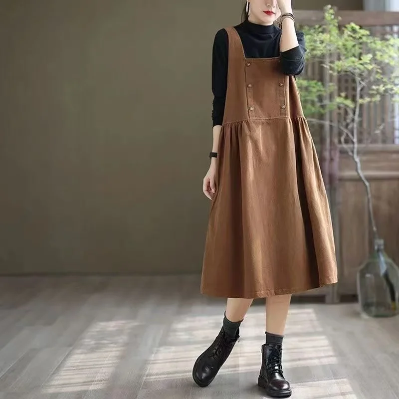 

Платье с ремешком Fat MM в стиле ретро, женское платье Vestidos, новинка 2025, весна-осень, свободные однотонные повседневные платья средней длины, женские платья-жилет