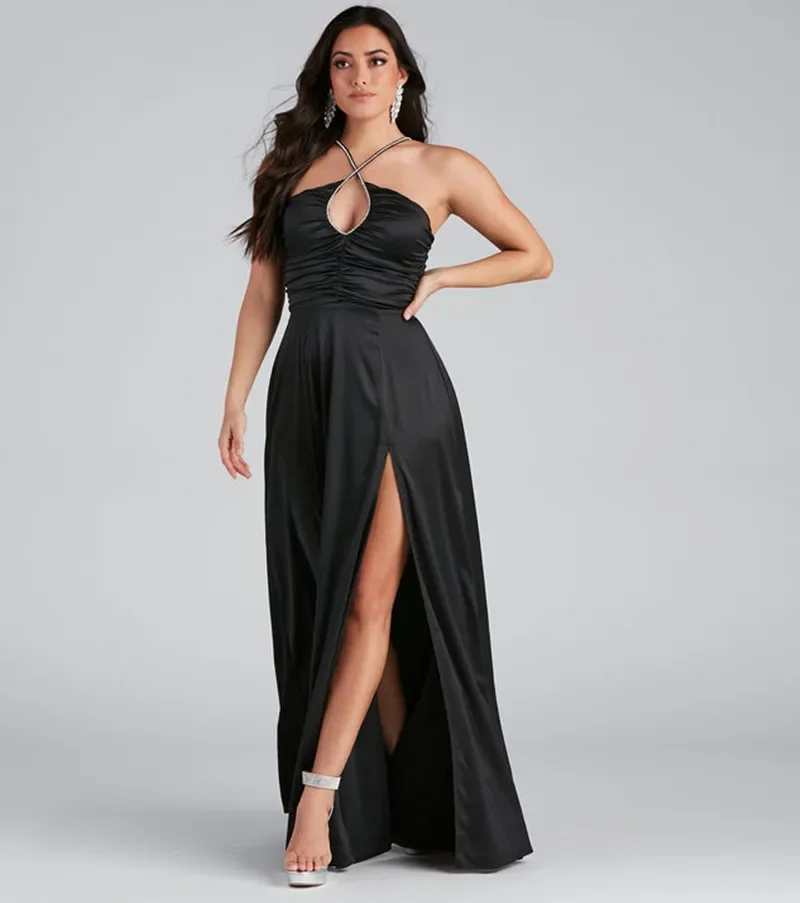 

Evening Women Wear Long Side Split Prom Gowns Keyhole Beaded Halter Neck Robe De Soiree Classical Black A Line Dresses