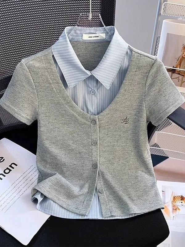 スリムフィットまたはスベイート レディース サマーデザイン ショルダーパッド入り フェイクツーピース スタイル 韓国風 通勤 スタイル カラー