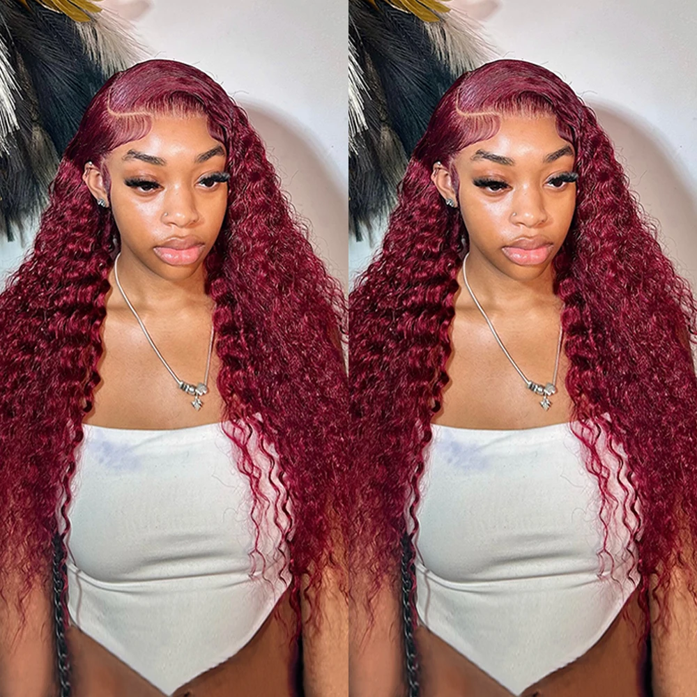 

99J Burgundy HD Lace Hair 250% Density 13x6 Deep Wave Lace Frontal Wig HD Transparent Lace Front Wig For Women