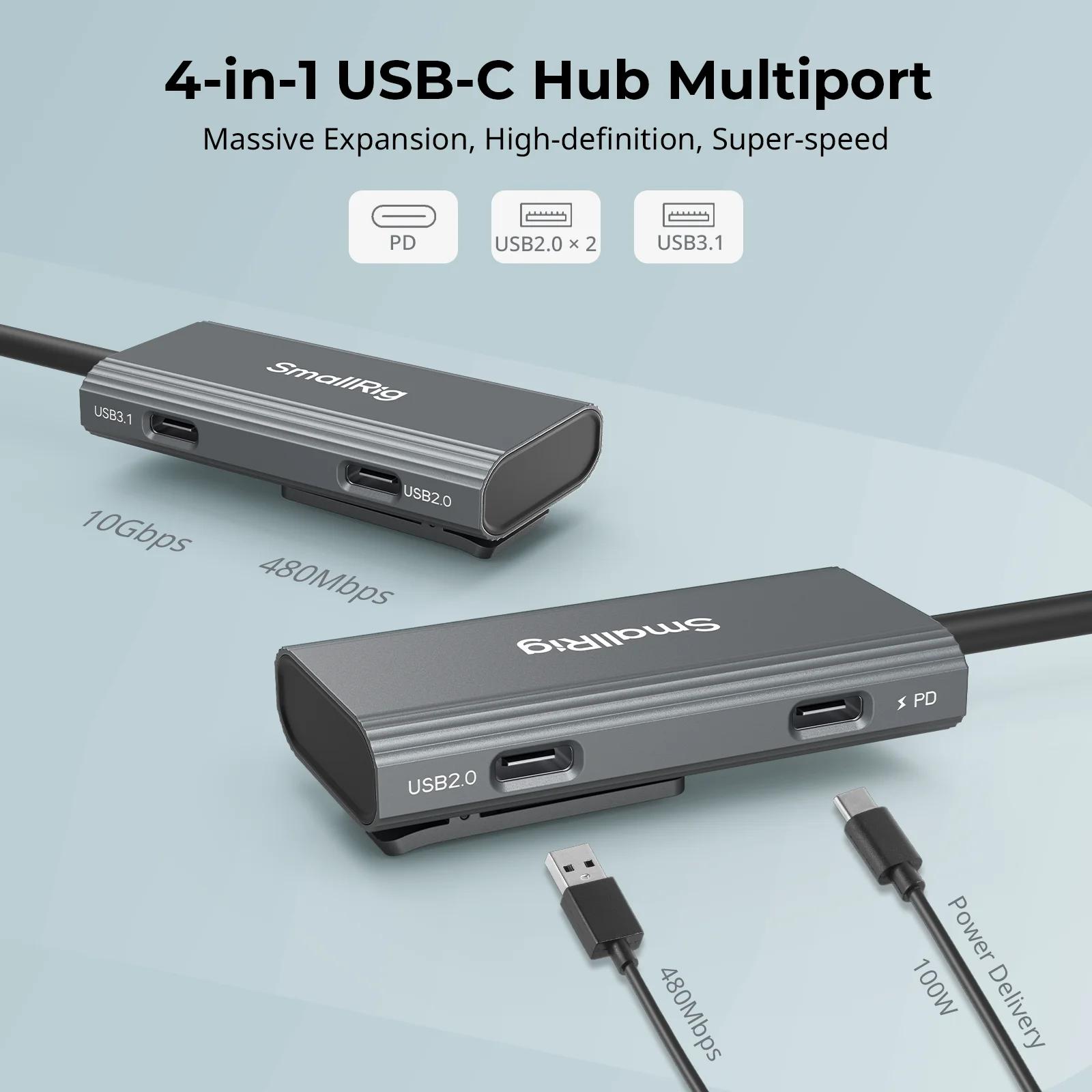 Hub USB-C SmallRig 4 in 1 PD/USB-C 3.1/USB-C 2.0 con adattatore audio, per riprese mobili di video ProRes a 4K 60fps -4598