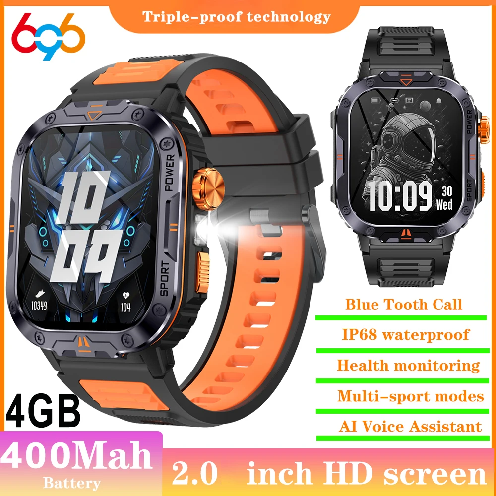 4Gb Local Music Recording Smartwatch Men Women Outdoors Sports Blue Tooth Call Waterproof  Smart Watch Flashlight Health Monitor