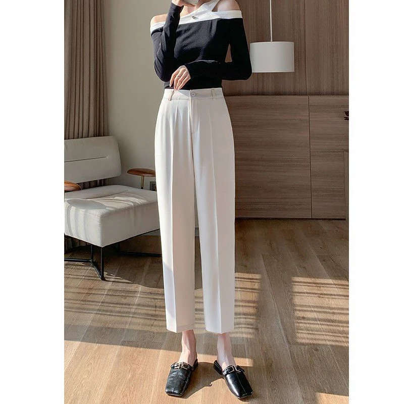 Spring Summer Office Lady Navy Blue Suit Pants Solid Elastic Waist Women Korean Fashion Casual High Waist Slim Straight Trousers