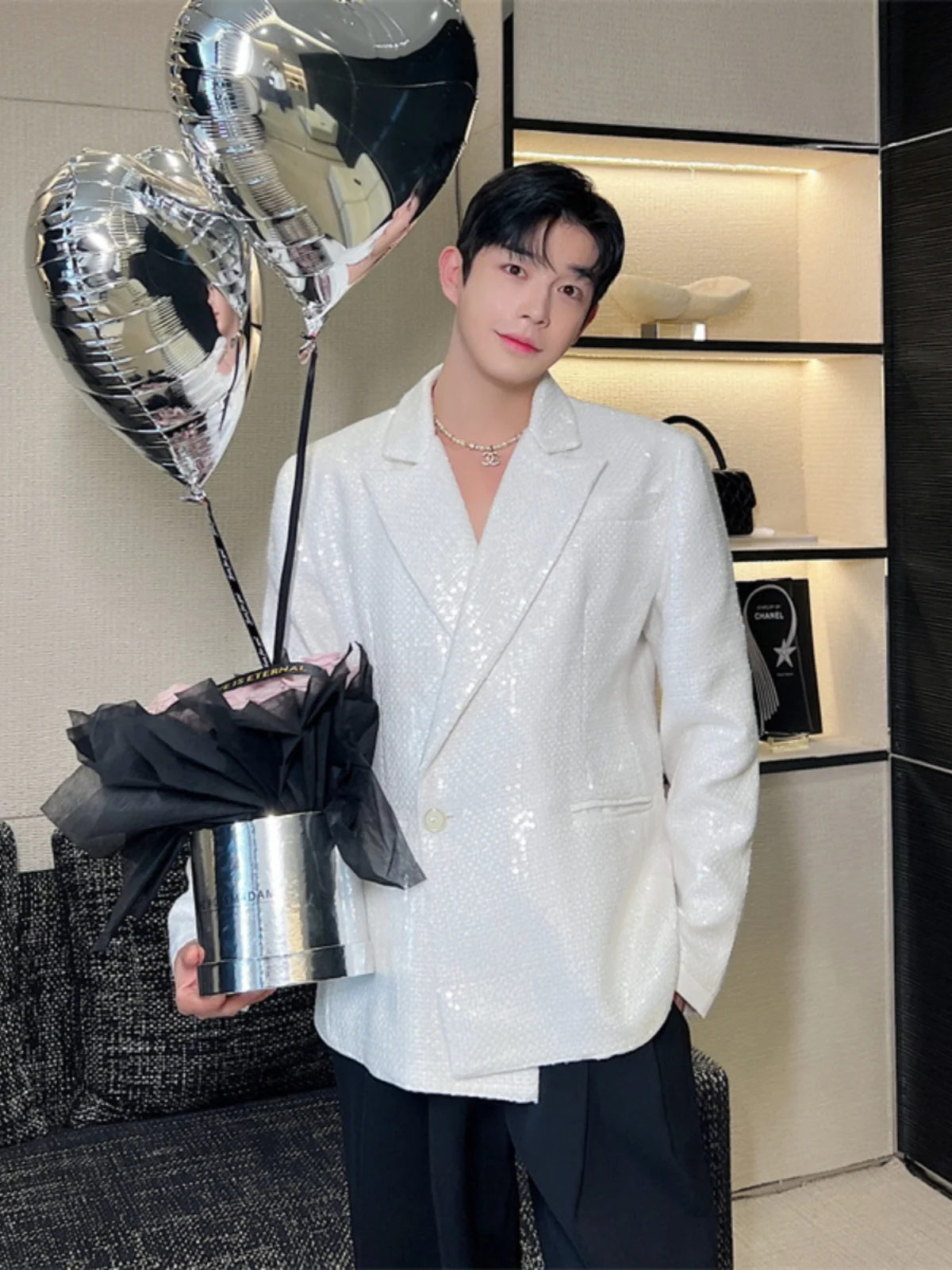 

Korean Handmade Sequin Design Suit Jaet Men's High-End Street Sle Faion White Western Wear Trending Spring Summer Autumn