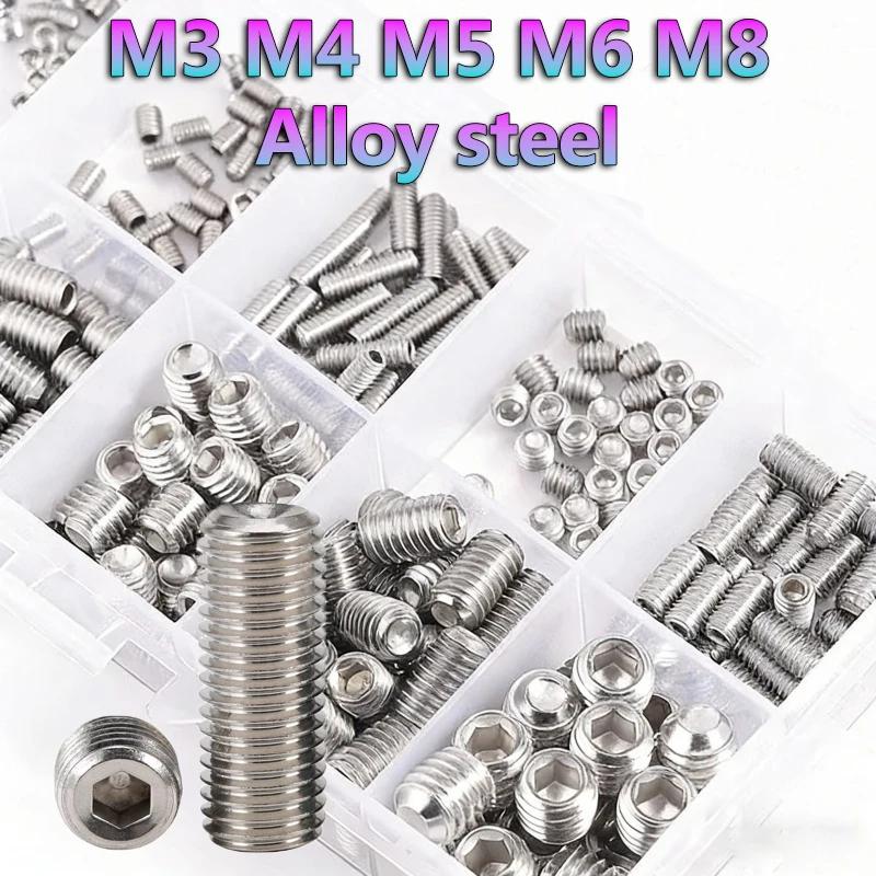 Hex Socket Cup Point Set Screws Assortment Kit M3-M8 Stainless Steel Carbon Steel Grub Screws for Machinery Furniture