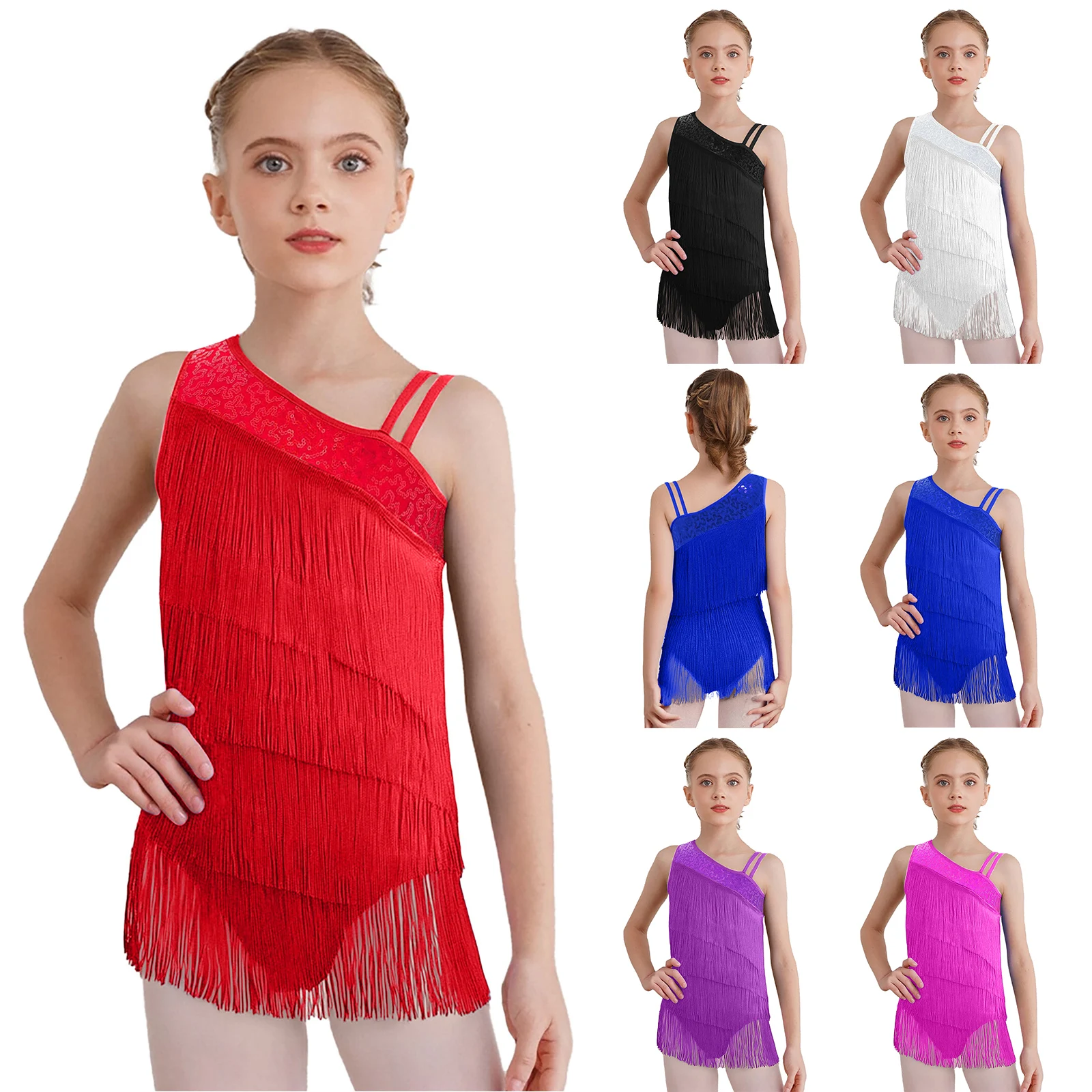 Traje de baile de Jazz latino para niñas, patinaje artístico, salón de baile, Cha-cha, Tango, Samba, Rumba, vestido de leotardo con borlas, guantes de malla, Ropa de baile