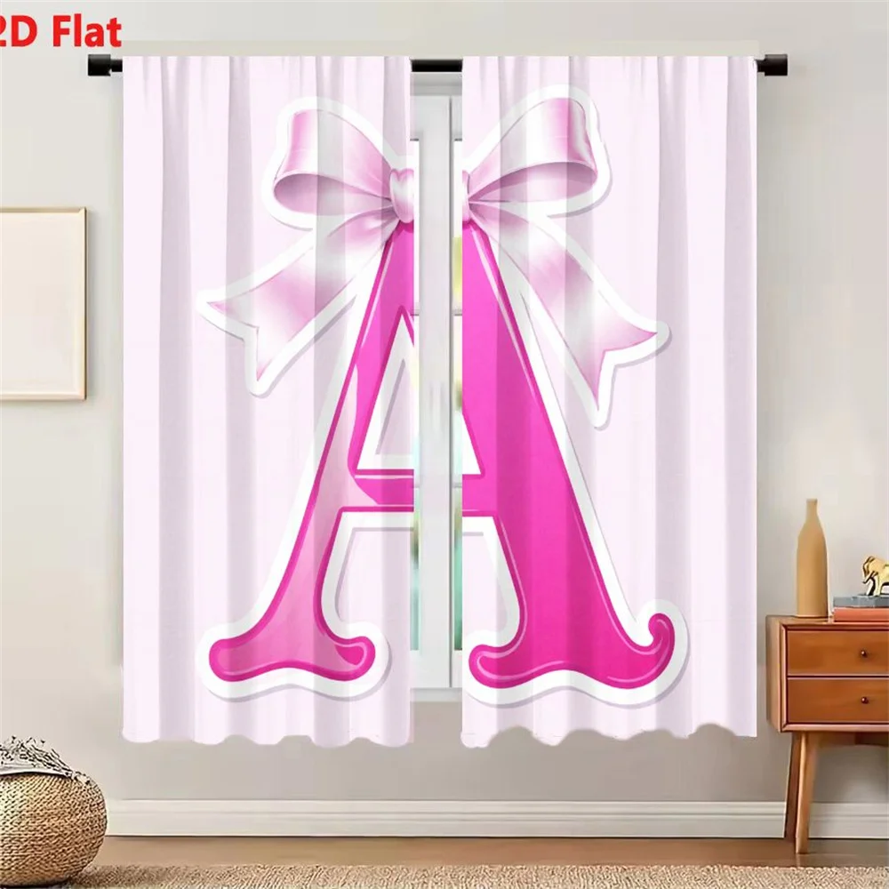 2Pcs Curtains 2D Flat Stylized Glossy Pink Letter A With White Outline And Light Pink Satin Bow On Light Pink Background Window