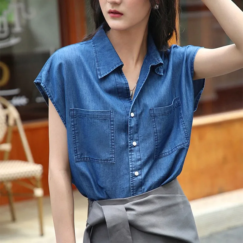 

2024 Spring Summer New Korea Fashion Women Turn-down Collar Drop Sleeves Casual Shirts Double Pockets Casual Denim Shirt P573