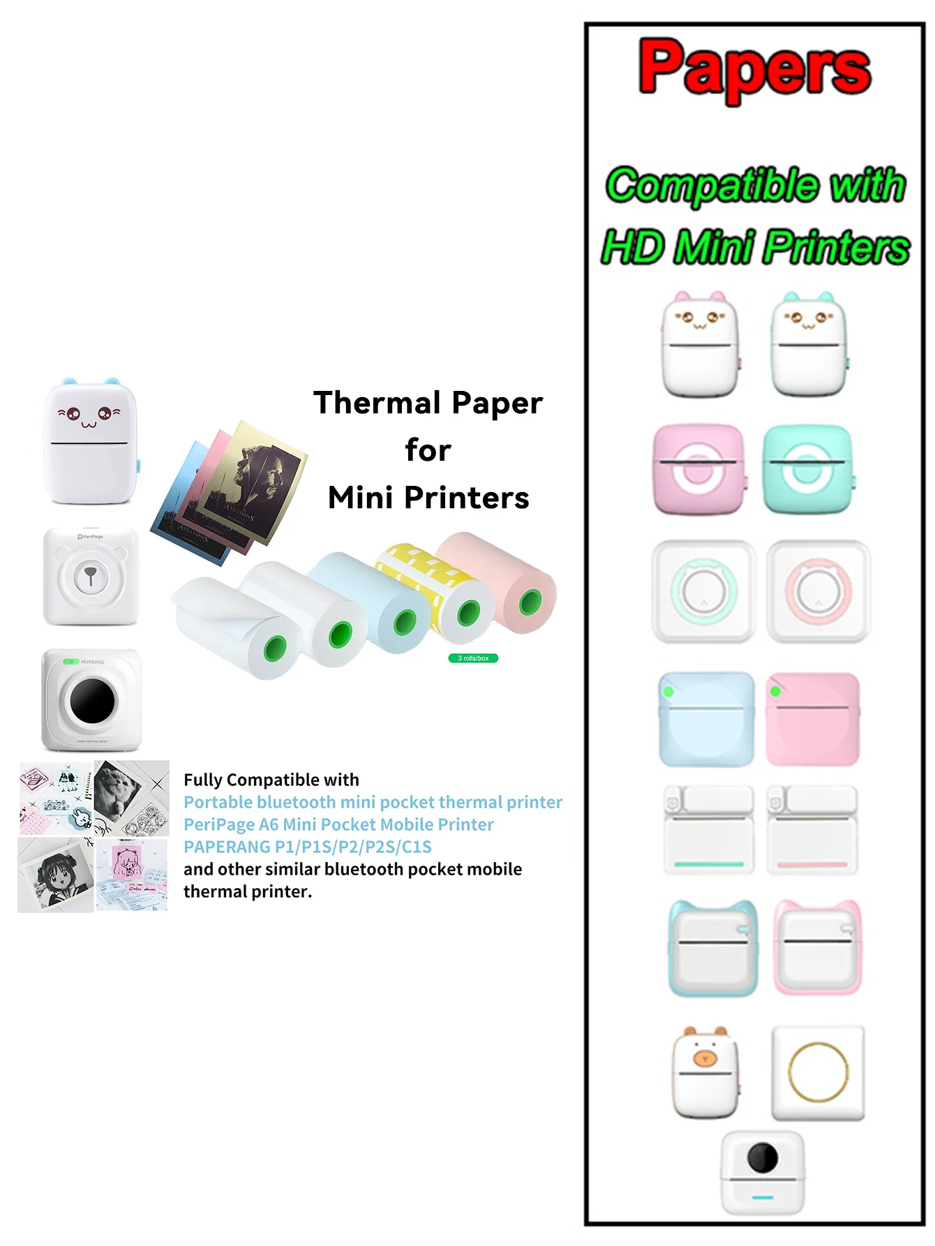 HD Mini Thermal Paper Labels Sticker Colors Photo Papers 56mm Rolls For PeriPage Paperang Meow Phomemo Niimbot Portable Printer