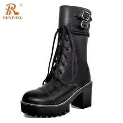 PRXDONG New Classics vera pelle di mucca Chunky tacchi alti piattaforma nero Punk Lace Up Dress Casual moto stivali a metà polpaccio 39