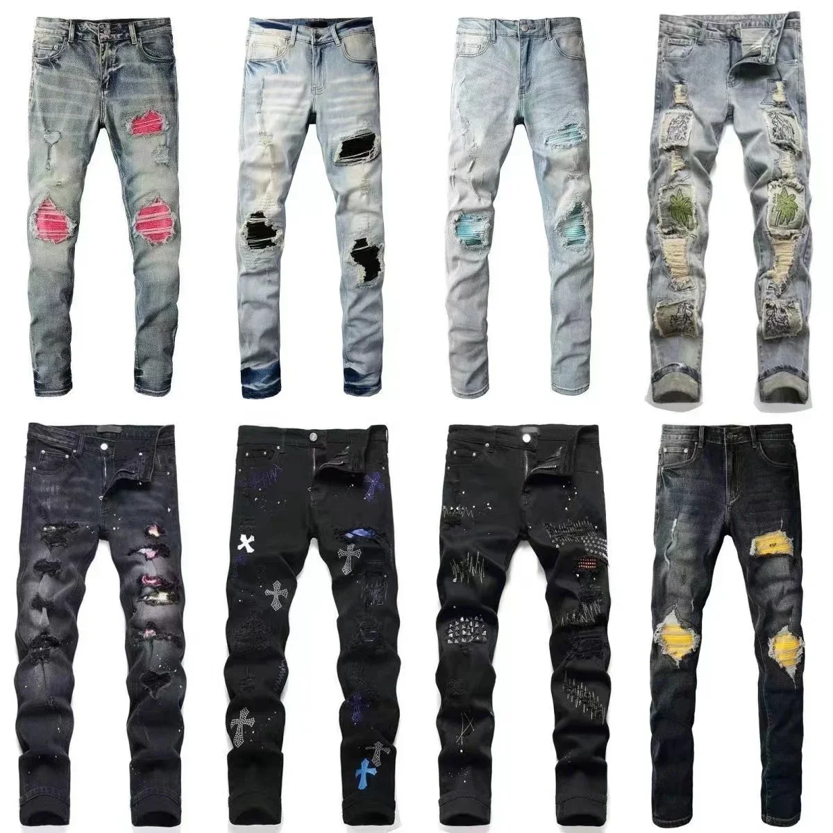 Wholesale High Quality Trousers Embroidery Hole Denim Distressed Pants Print Streetwear Wash Slim Fit Mens Jeans