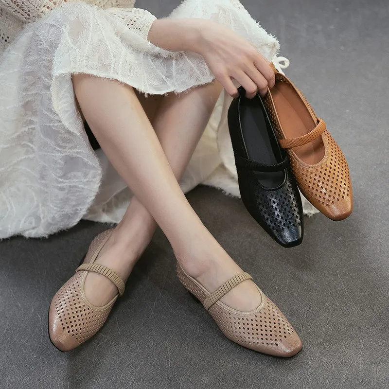 Johnature 2026 Summer New Retro Shallow Commuter Mid Heel Pumps Genuine Leather Hollow Out Breathable Women's Shoes